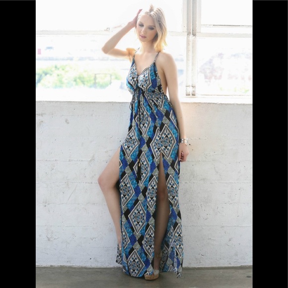 Blue Double Slit Lace Up Maxi Dress - Picture 2 of 10